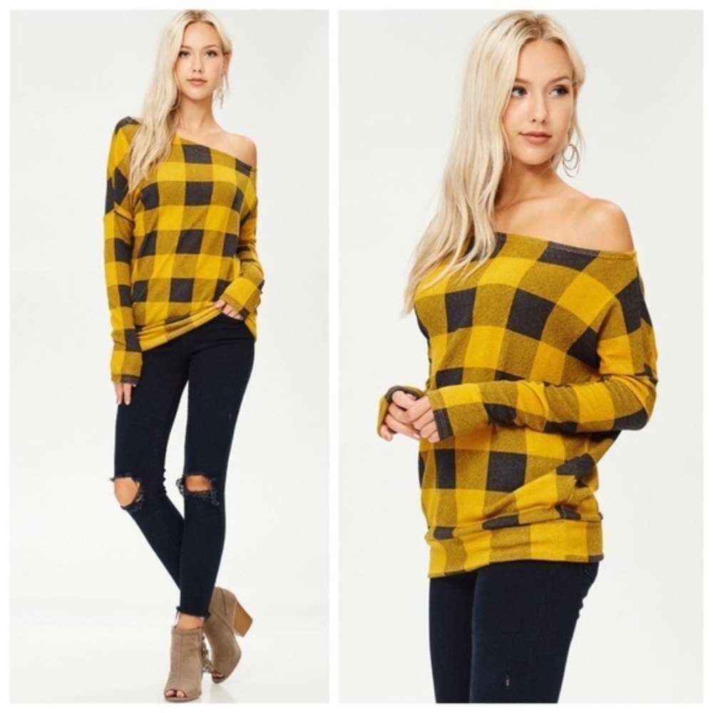 Yellow Plaid Single shoulder top - Picture 2 of 4